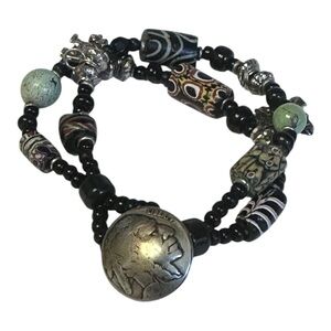 Boutique Charm Bracelet Beaded 5 Cent Button Black & Silver Eclectic